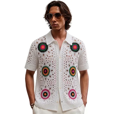 Men Ethnic Style Hollow Out Crochet Knit Polo Shirt Short Sleeve Sun Flower Pattern Casual Cardigan Button Down Top