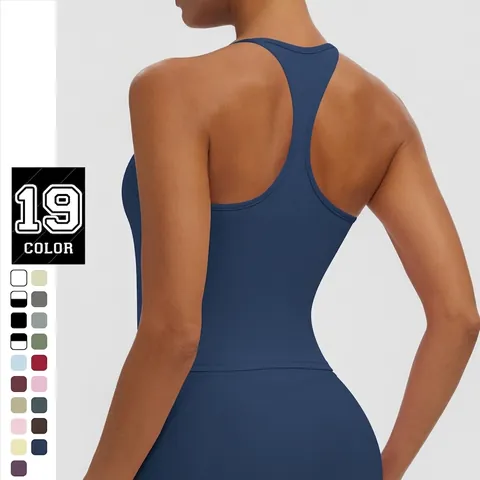 Women Racerback Sports Tank Top With Built-in Chest Pads Solid Color Quick Dry Yoga Top For Gym Running Fitness Workout