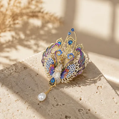Chinese Style Luxurious Enamel Phoenix Peacock Brooch For Women Alloy Rhinestone Artificial Pearl Tassel Pendant Brooch Pin Jewelry Gift