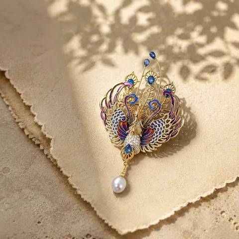 Chinese Style Luxurious Enamel Phoenix Peacock Brooch For Women Alloy Rhinestone Artificial Pearl Tassel Pendant Brooch Pin Jewelry Gift