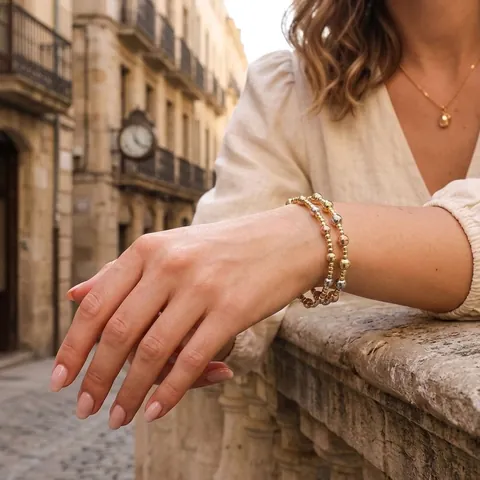 Tricolor 18K Gold Plated Copper Round Bead Stretch Bracelet For Women Men Minimalist Rose Gold Silver Metal Bead Jewelry