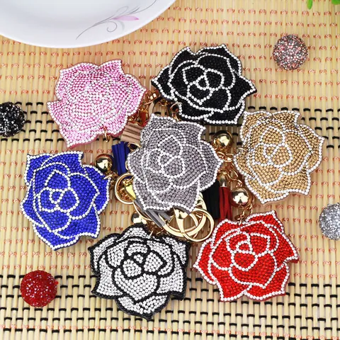 Luxury Rhinestone Rose Flower Keychain With Tassel Bell Metal Key Ring For Women Fashion Handbag Pendant Accessory Gift