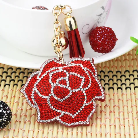 Luxury Rhinestone Rose Flower Keychain With Tassel Bell Metal Key Ring For Women Fashion Handbag Pendant Accessory Gift