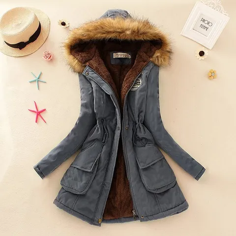 Women Mid-Length Hooded Parka Cotton Coat Faux Fur Collar Fleece Lined Winter Padded Jacket Windproof Warm Casual Outerwear Top