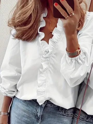 Women's Plus Size Long Sleeve Ruffle Collar Blouse Casual Loose Chic Polyester Shirt For Women Fashion Elegant Daily Wear