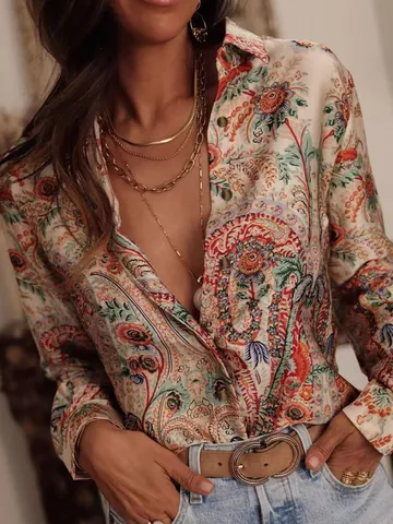 Women's European Summer Long Sleeve Printed Lapel Shirt Elegant Casual Holiday Polyester Blouse Top With Paisley Pattern