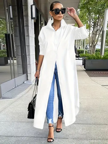 Plus Size Women Elegant Maxi Shirt Dress Oversized Long Sleeve Button Down Solid Color Split Hem Long Blouse Polyester Casual Tunic Dress