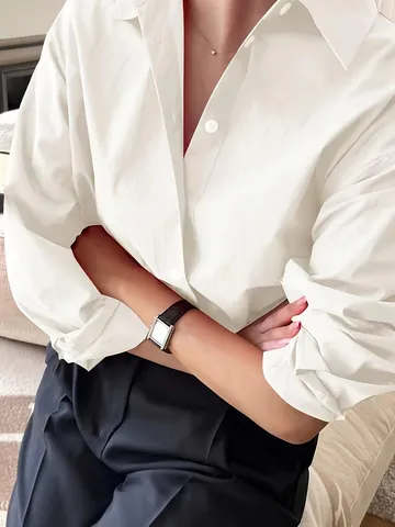 Damen Übergrößen Langarmhemd Minimalistisch Baumwolle Revers Top Lässig Locker Büro Pendler Bluse Übergrößen Damenbekleidung