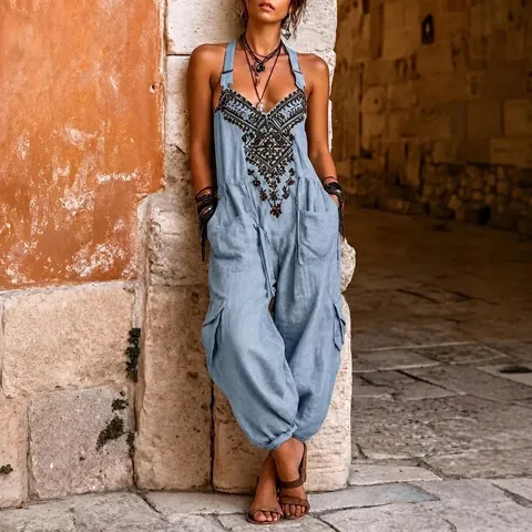 Women Boho V Neck Sleeveless Strappy Jumpsuit Ethnic Geometric Print Wide Leg Overalls Casual Loose Romper With Pockets
