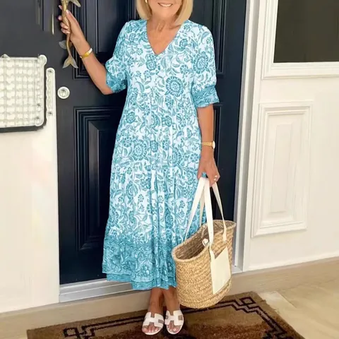 Women V Neck Floral Tie Dye Maxi Dress Polyester Printed Tiered Ruffle Sleeve Boho Casual Commuter Dress Long Sun Dress