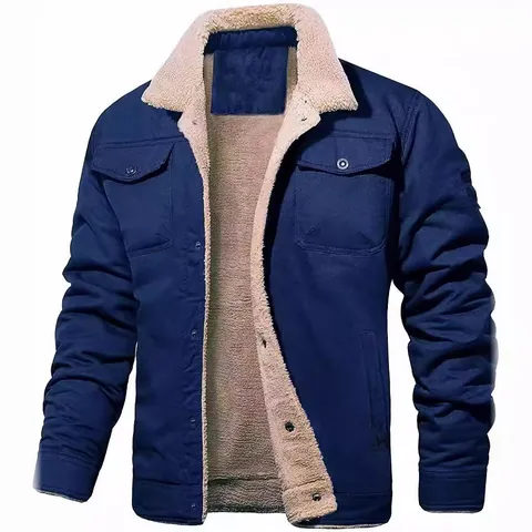 Men's Winter Fleece Lined Work Jacket Cotton Blend Thick Casual Outerwear Japanese Style Multi-Pocket Button Down Warm Top