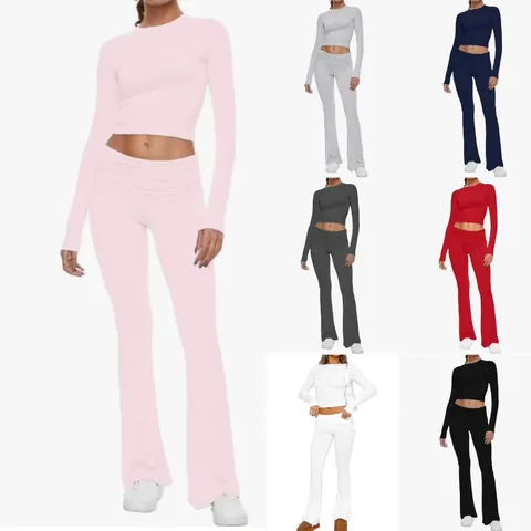 Women's Sexy Solid Color Long Sleeve Crop Top And Low Waist Flared Pants Two-Piece Outfit Polyester Spandex Casual Streetwear