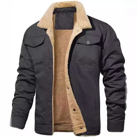 Men's Winter Fleece Lined Work Jacket Cotton Blend Thick Casual Outerwear Japanese Style Multi-Pocket Button Down Warm Top