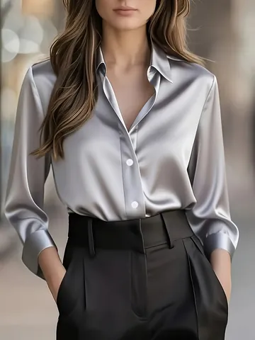 Damen Eleganz Satin Bluse Hemd Revers Knopfleiste Langarm Top Für Büro Business Casual Arbeit Tragen Professionell
