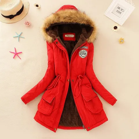 Women Winter Mid-length Parka Jacket Faux Fur Collar Lamb Wool Lined Padded Coat With Drawstring Waist Hooded Cargo Outerwear