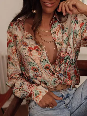 Women's European Summer Long Sleeve Printed Lapel Shirt Elegant Casual Holiday Polyester Blouse Top With Paisley Pattern