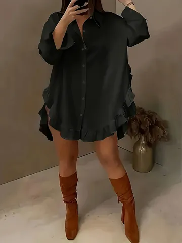 Damen Übergröße Einfarbig Lose Lässig Bluse Rüschensaum Langarm Oversize Gewebtes Polyester Hemd Elegant Damen Top