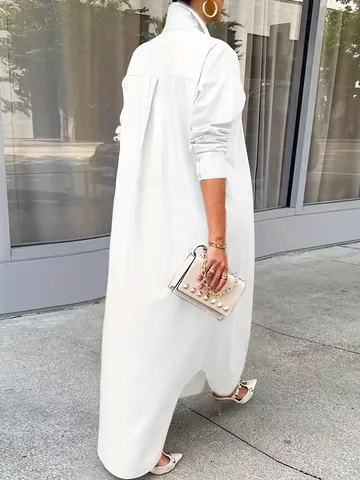 Plus Size Women Elegant Maxi Shirt Dress Oversized Long Sleeve Button Down Solid Color Split Hem Long Blouse Polyester Casual Tunic Dress