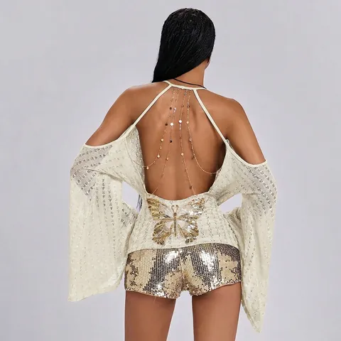 Sexy Backless Top Women Butterfly Sequin Embroidery Metal Chain Decor Batwing Sleeve V-Neck Lace Hollow Out Party Club Top