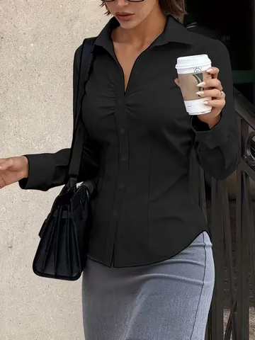 Women Solid Color Slim Fit Ruched Blouse Long Sleeve Lapel Button Up Polyester Office Professional Shirt Elegant Work Top