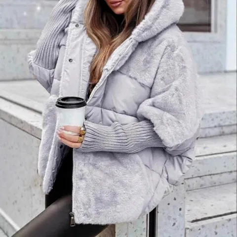 Women Patchwork Padded Jacket Hooded Faux Fur Fleece Winter Coat Goatskin Cotton Oversized Zip Up Warm Casual Outerwear Top
