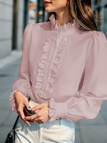 Chemisier Élégant à Volants Grande Taille pour Femmes Couleur Unie Manches Longues avec Boutons de Perles pour Bureau