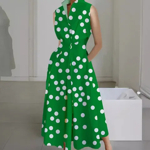Women's V Neck Sleeveless Button Front Polka Dot Floral Printed Midi Dress Summer Fashion Casual Commuting Polyester Fishtail Dress