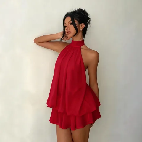 Women Sexy Halter Neck Backless Mini Dress Solid Color Chiffon Bubble Skirt Slim Fit Vacation Sleeveless Dress