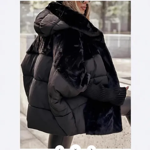 Women Patchwork Padded Jacket Hooded Faux Fur Fleece Winter Coat Goatskin Cotton Oversized Zip Up Warm Casual Outerwear Top
