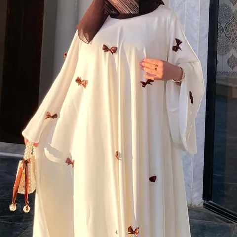 Women Plus Size Flare Sleeve Bow Knot Maxi Dress White Abaya Long Robe For Middle Eastern Islamic Ladies Casual Dress