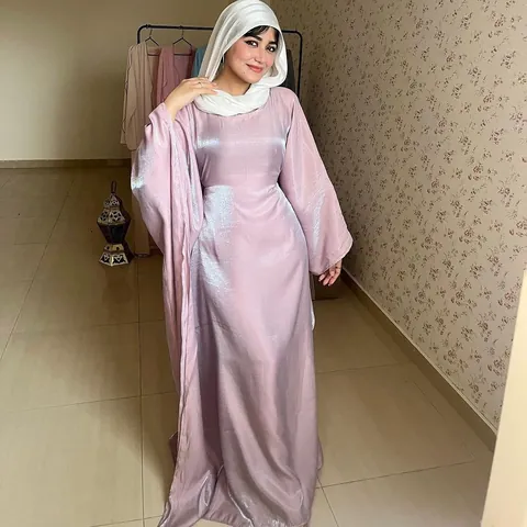 Women Elegant Loose Kaftan Maxi Dress Batwing Sleeves Round Neck Silky Satin Abaya For Daily Party Muslim Fashion Long Gown