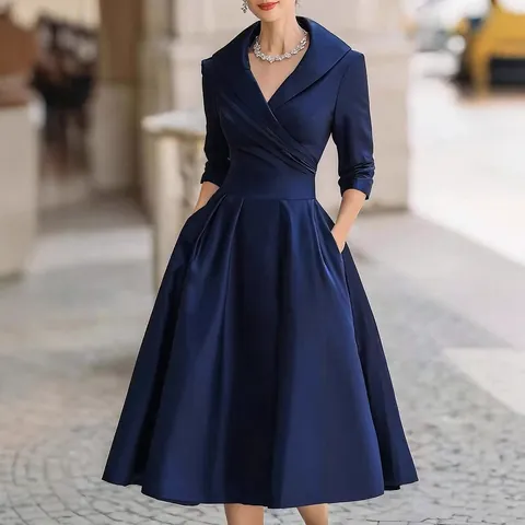 Women Elegant Formal A-Line Midi Dress Lapel V-Neck Long Sleeve Waist-Cinching Solid Color Pleated Swing Evening Gown With Pockets