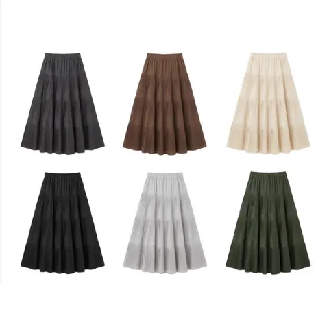 Women's Knit Pleated Maxi Skirt Autumn Winter A-Line High Waist Midi Long Skirt Solid Color Polyester Casual Elastic Skirt
