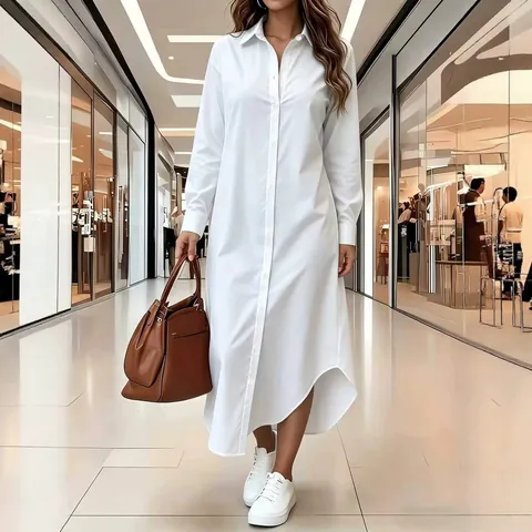 Plus Size Vrouwen Casual Effen Kleur Lange Overhemdjurk met Omgeslagen Kraag Enkelknoops Onregelmatige Zoom Mode Dagelijkse Kleding