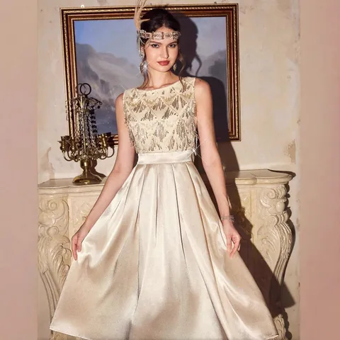 Elegant Women Champagne Satin Sequin Evening Dress Sleeveless Round Neck High Waist A-Line Long Party Gown For Banquet Performance
