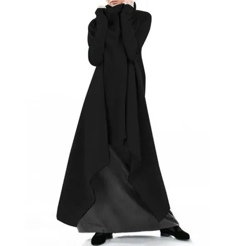 Women Irregular Hem Sweatshirt Dress Acrylic Acetate High Neck Long Sleeve Oversized Solid Robe Casual Pullover Maxi Dress
