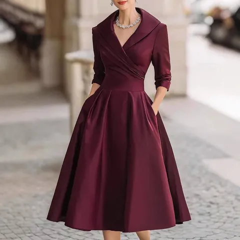 Women Elegant Formal A-Line Midi Dress Lapel V-Neck Long Sleeve Waist-Cinching Solid Color Pleated Swing Evening Gown With Pockets
