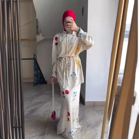 Women Elegant Floral Top And Bottom Long Sleeve Button Down Tie Waist Printed Shirt And Long Skirt Outfit Office Polyester