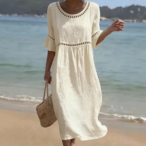 Women's Casual Cotton Blend Solid Color Crew Neck Half Sleeve Maxi Dress Elegant Long Beach Dress