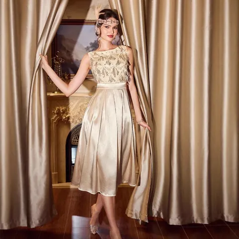 Elegant Women Champagne Satin Sequin Evening Dress Sleeveless Round Neck High Waist A-Line Long Party Gown For Banquet Performance