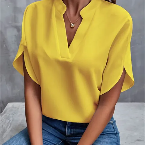 Damen Elegant V Ausschnitt Fledermausärmel Bluse Sommer Casual Lose Einfarbig Polyester Hemd Top Büro Arbeit Kleidung Damen
