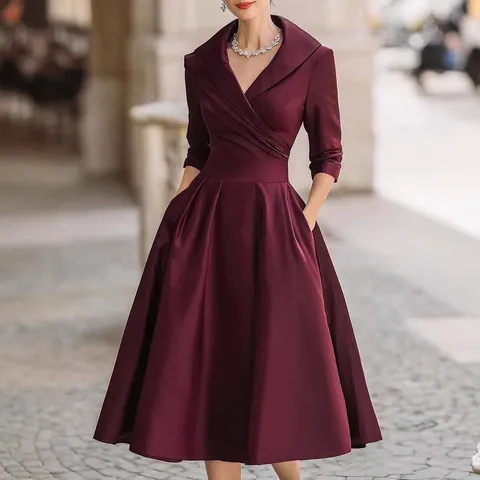 Women Elegant Satin Long Sleeve Maxi Dress V Neck Slim Fit A-Line Evening Party Gown Solid Color High Waist Dress With Pockets