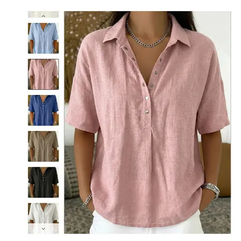 Women Summer Cotton Linen Shirt Short Sleeve Loose Button V Neck Lapel Solid Color Blouse Casual Vacation Top