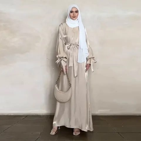 Women Elegant Satin Abaya Maxi Dress Puff Sleeve Tie Waist Solid Color Mercerized Muslim Kaftan Robe Casual Party Gown