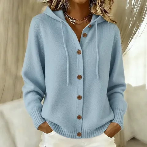 Cárdigan de Punto Casual con Capucha para Mujer Mezcla de Algodón y Poliéster Botones Color Sólido Manga Larga