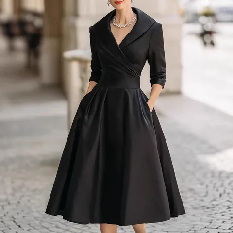 Women Elegant Satin Long Sleeve Maxi Dress V Neck Slim Fit A-Line Evening Party Gown Solid Color High Waist Dress With Pockets