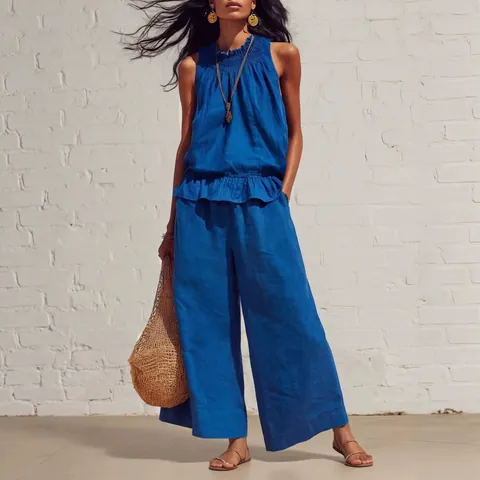 Haut à Volants Sans Manches Pour Femmes Et Pantalon Large En Polyester Bohème Décontracté Tenue Vacances Été Couleur Unie
