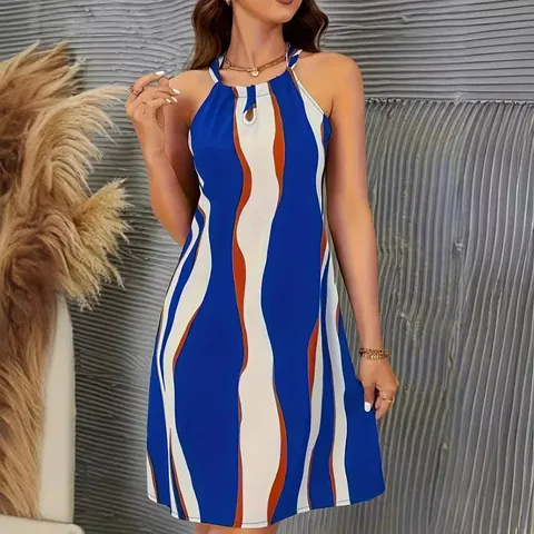 Robe Midi sans Manches à Dos Nu Imprimé Bohème pour Femmes Style Occidental Motif à Vagues Robe de Vacances Décontractée