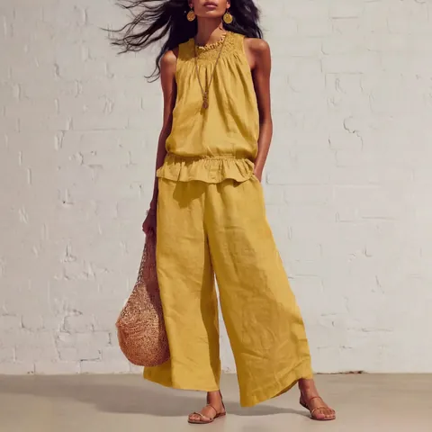 Haut à Volants Sans Manches Pour Femmes Et Pantalon Large En Polyester Bohème Décontracté Tenue Vacances Été Couleur Unie