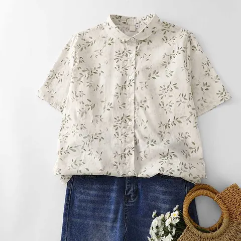 Women Casual Cotton Linen Peter Pan Collar Blouse Vintage Leaf Printed Short Sleeve Loose Button Down Shirt Summer Top